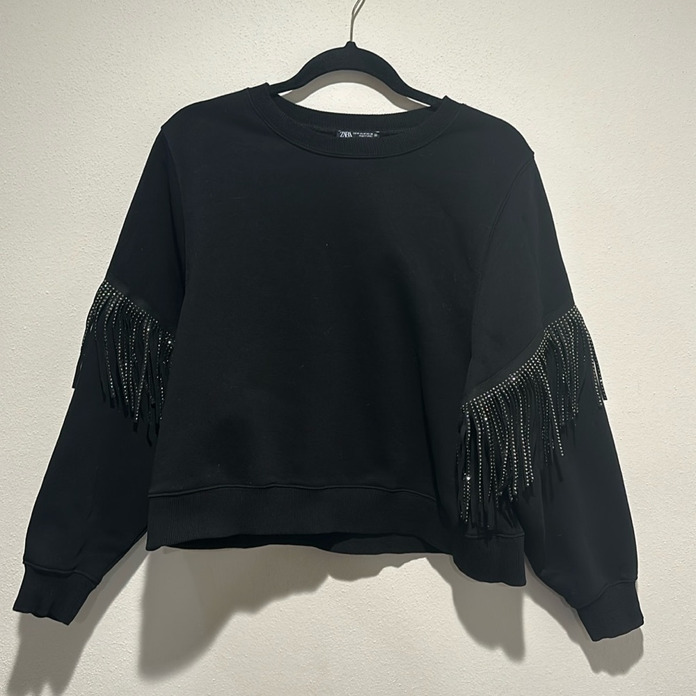 Zara Black Fringe Rhinestone Crew Neck Sweatshirt